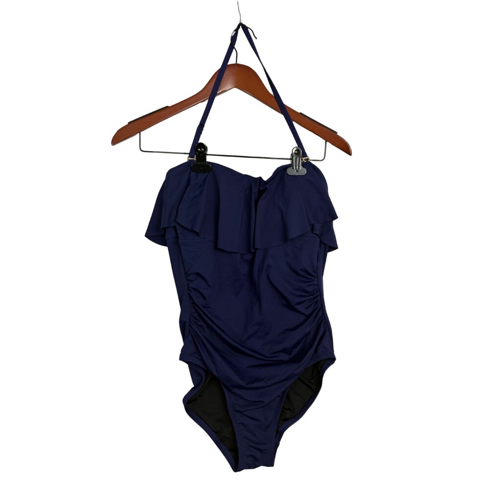 Lands End Womens One Piece Swimsuit Navy Blue Ruffle Halter Ruched Tummy Control